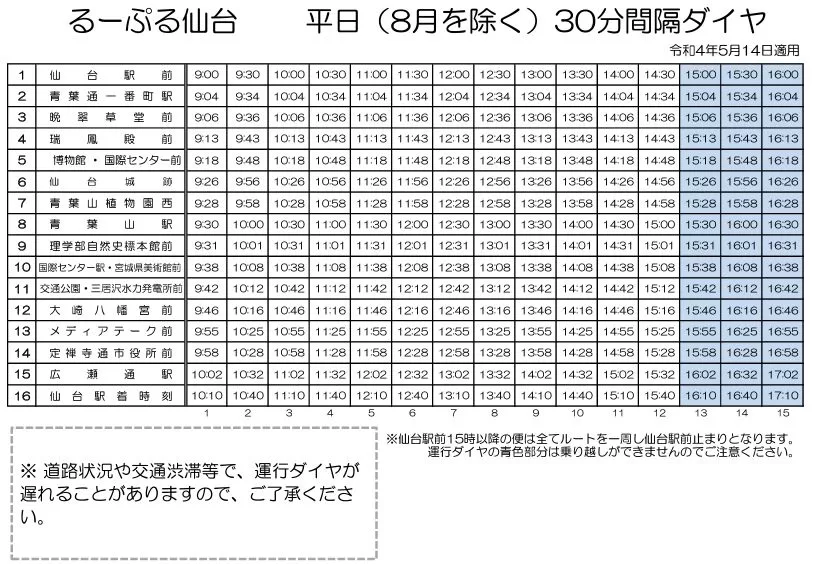 るーぷる仙台-平日時刻表-截自官網